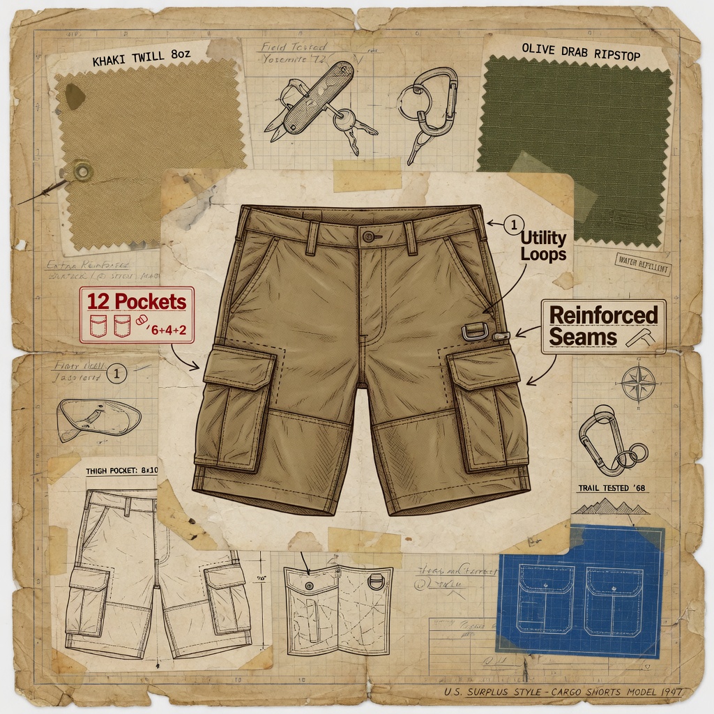 Vintage technical blueprint style collage of cargo shorts with labels