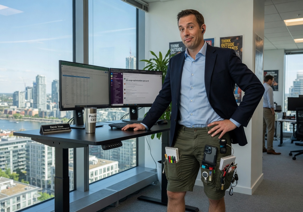 Man confidently wearing cargo shorts with blazer in modern office setting